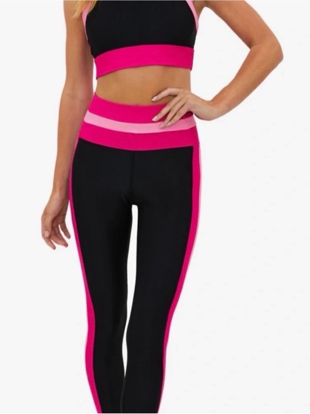 Beach Riot Set Black Leggings with Hot Pink & Light Pink Colorblock Top